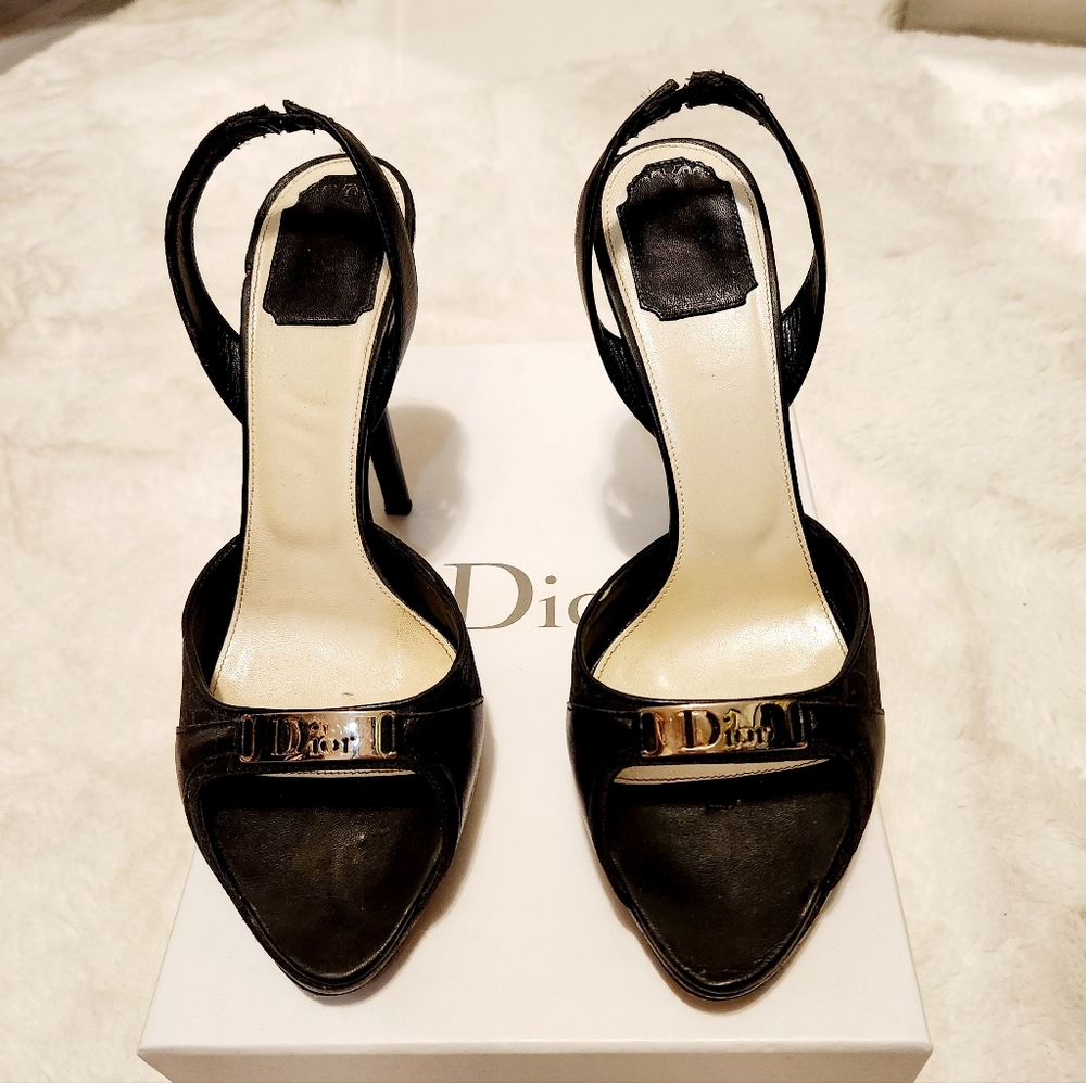Dior Diorissimo Black Slingback W/ Logo Hardware w/Box, Dust Bag, Taps, Size 40